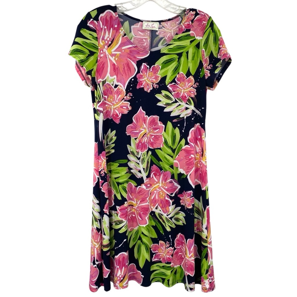Ivy Road Black Pink Green Short Sleeve Floral Hibiscus Shirt Dress